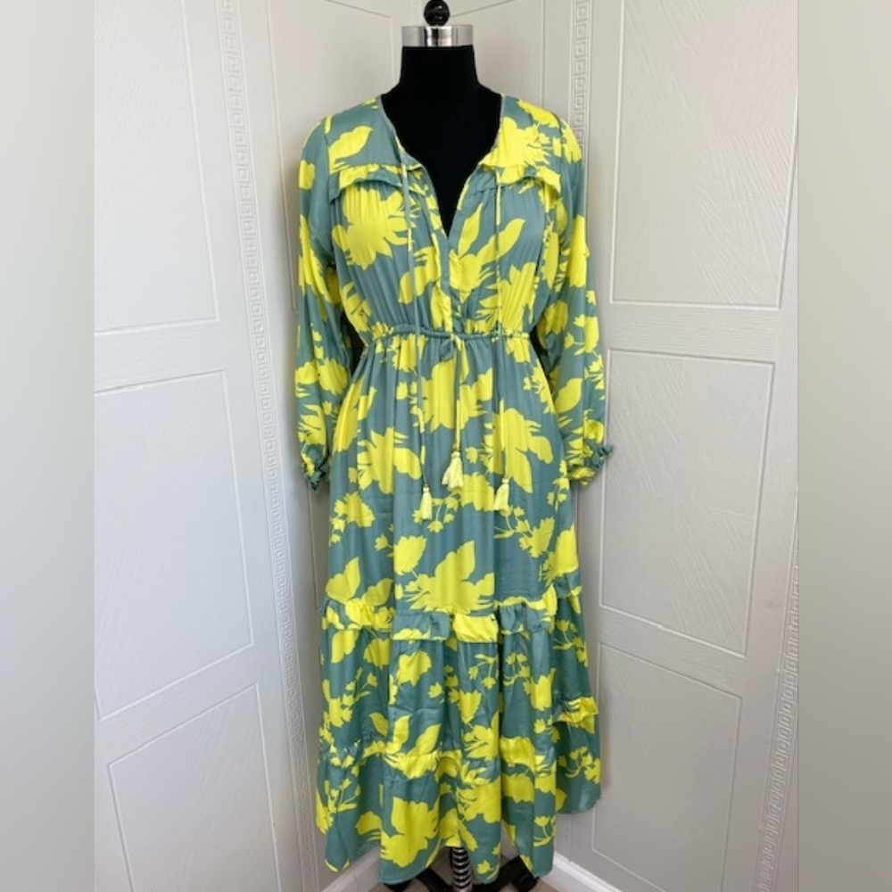 Chic Long Sleeve Floral Dress in Green and Yellow